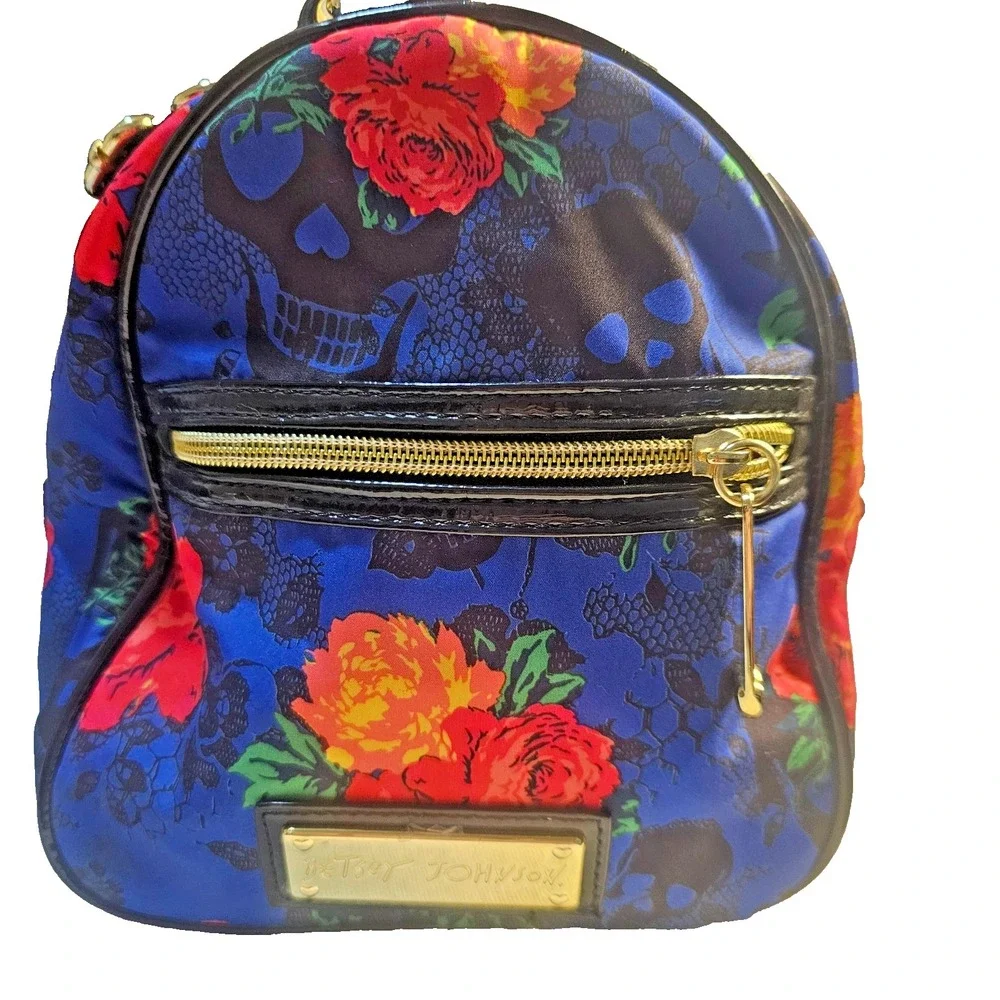 Betsey Johnson Skull Rose Floral Nylon Barrel Duffel Bag Studded Crossbody Goth